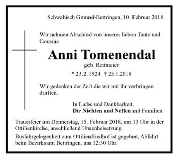 Todesanzeige von Anni Tomenendal von Trauer.de