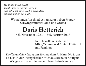 Todesanzeige von Doris Hetterich von Trauer.de