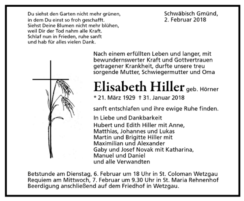  Traueranzeige für Elisabeth Hiller vom 01.02.2018 aus Trauer.de
