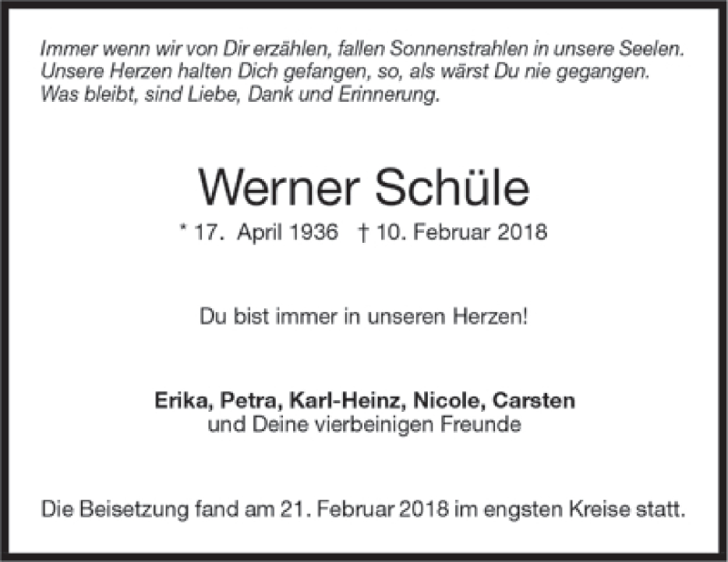  Traueranzeige für Werner Schüle vom 21.02.2018 aus Trauer.de