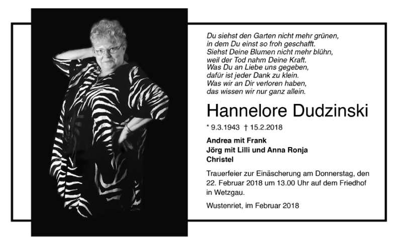  Traueranzeige für Hannelore Dudzinski vom 19.02.2018 aus Trauer.de