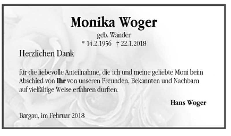  Traueranzeige für Monika Woger vom 09.02.2018 aus Trauer.de