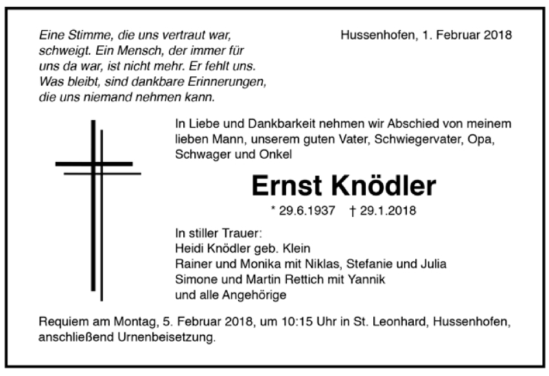  Traueranzeige für Ernst Knödler vom 01.02.2018 aus Trauer.de