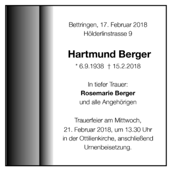 Todesanzeige von Hartmund Berger von Trauer.de