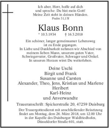 Todesanzeige von Klaus Bonn 