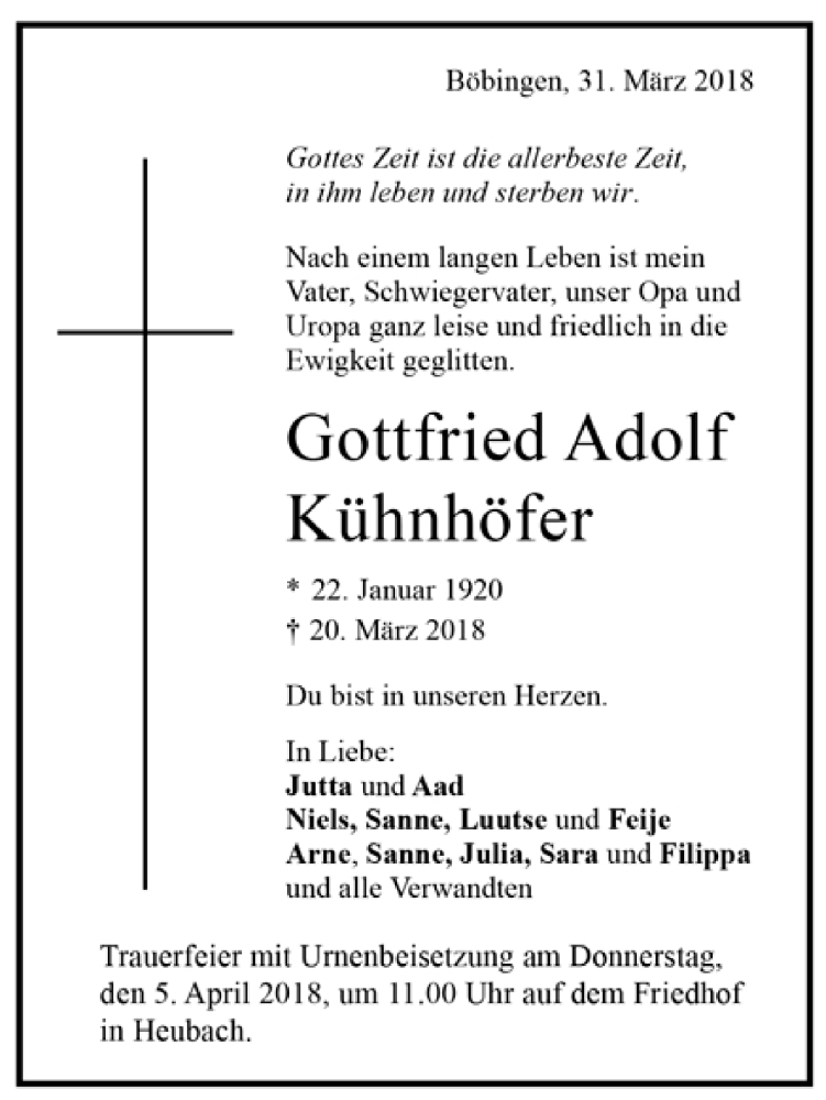  Traueranzeige für Gottfried Adolf Kühnhöfer vom 31.03.2018 aus Trauer.de
