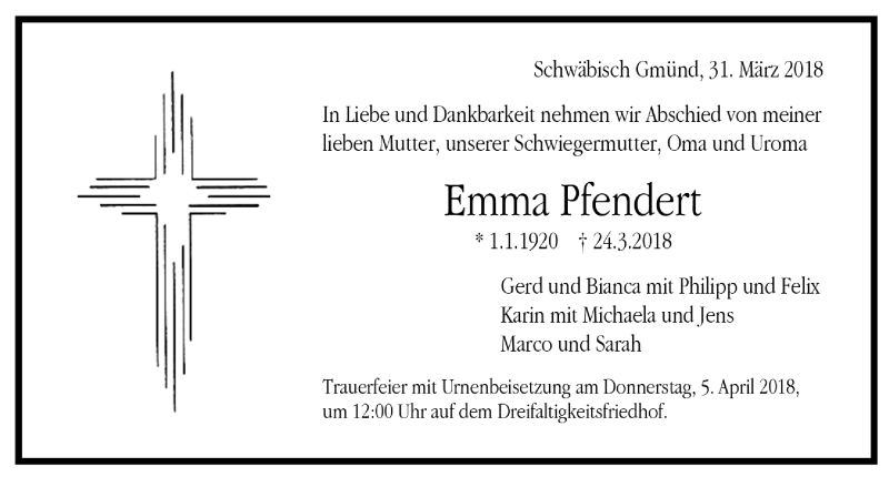  Traueranzeige für Emma Pfendert vom 26.03.2018 aus Trauer.de