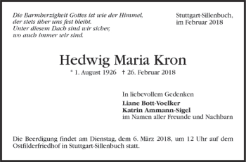 Todesanzeige von Hedwig Maria Kron von Trauer.de