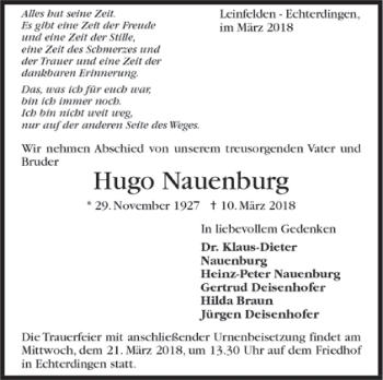 Todesanzeige von Hugo Nauenburg von Trauer.de