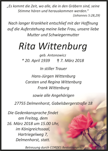 Todesanzeige von Rita Wittenburg von Trauer.de
