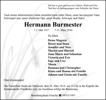 Todesanzeige von Hermann Burmester von Trauer.de