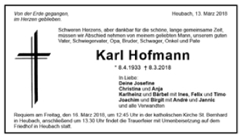 Todesanzeige von Karl Hofmann von Trauer.de