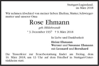 Todesanzeige von Rose Ehmann von Trauer.de
