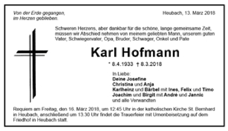  Traueranzeige für Karl Hofmann vom 13.03.2018 aus Trauer.de