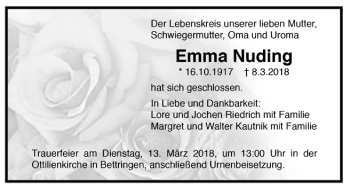 Todesanzeige von Emma Nuding von Trauer.de
