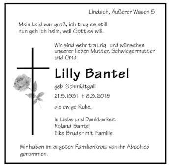Todesanzeige von Lilly Bantel von Trauer.de