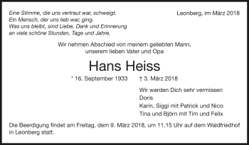 Todesanzeige von Hans Heiss von Trauer.de