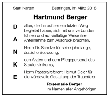 Todesanzeige von Hartmund Berger von Trauer.de