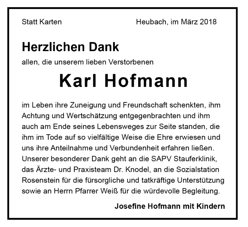  Traueranzeige für Karl Hofmann vom 27.03.2018 aus Trauer.de
