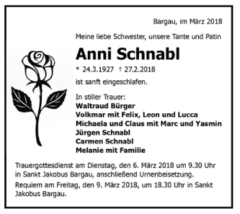 Todesanzeige von Anni Schnabl von Trauer.de