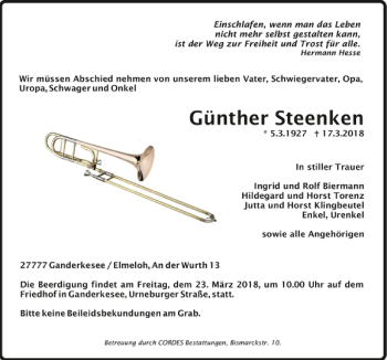 Todesanzeige von Günther Steenken von Trauer.de