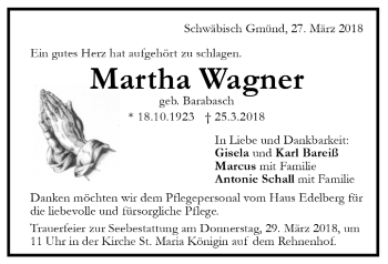 Todesanzeige von Martha Wagner von Trauer.de
