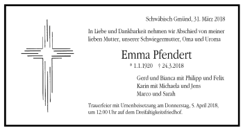 Todesanzeige von Emma Pfendert von Trauer.de