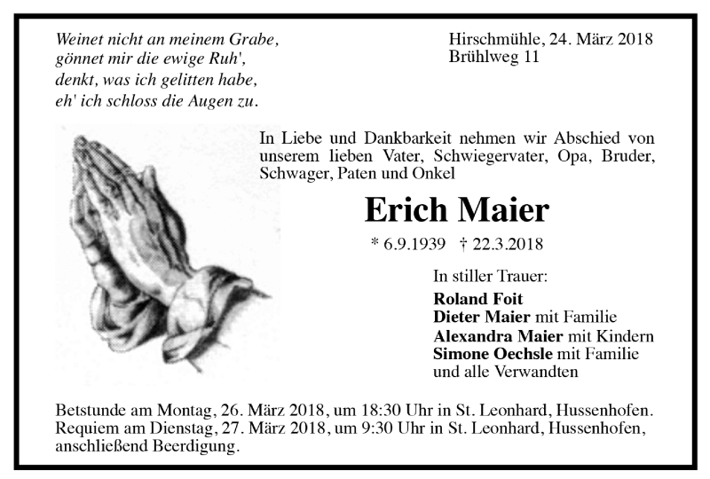  Traueranzeige für Erich Maier vom 23.03.2018 aus Trauer.de