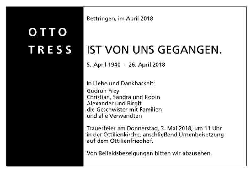  Traueranzeige für Otto Tress vom 27.04.2018 aus Trauer.de