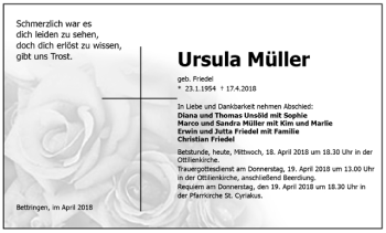 Todesanzeige von Ursula Müller von Trauer.de