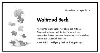 Todesanzeige von Waltraud Beck von Trauer.de