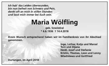 Todesanzeige von Maria Wölfling von Trauer.de