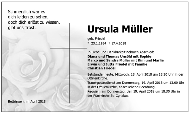  Traueranzeige für Ursula Müller vom 17.04.2018 aus Trauer.de