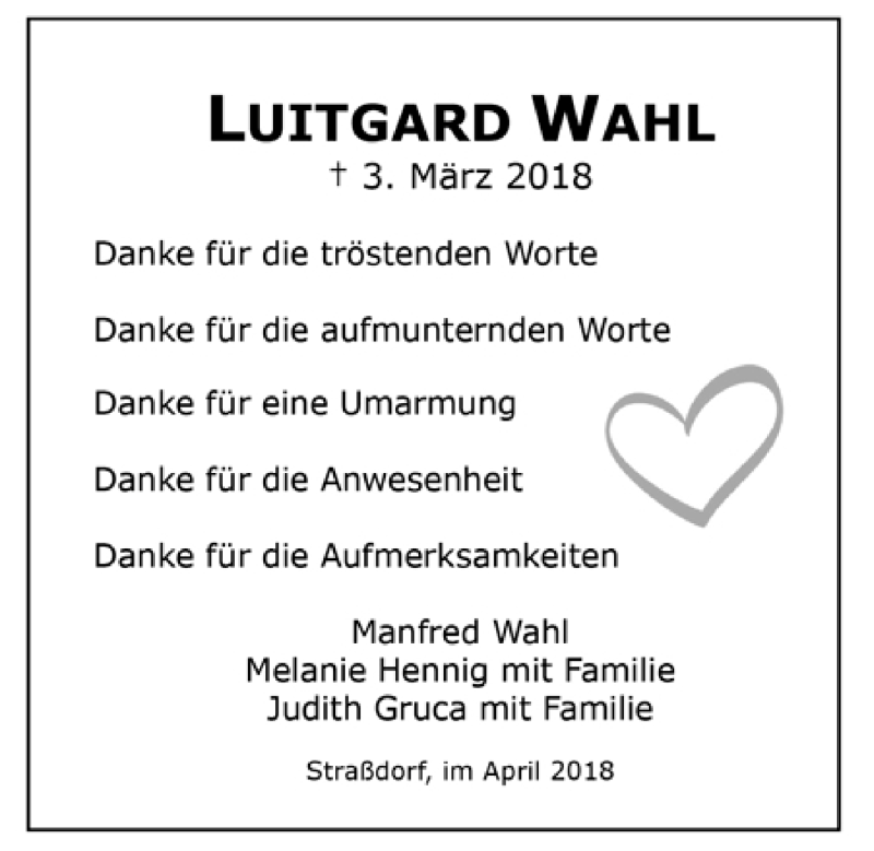  Traueranzeige für Luitgard Wahl vom 05.04.2018 aus Trauer.de