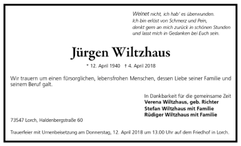Todesanzeige von Jürgen Wiltzhaus von Trauer.de