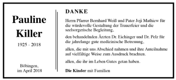 Todesanzeige von Pauline Killer von Trauer.de