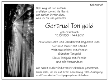 Todesanzeige von Gertrud Tonigold von Trauer.de
