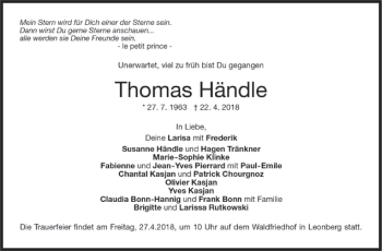 Todesanzeige von Thomas Händle von Trauer.de
