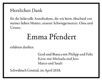 Todesanzeige von Emma Pfendert von Trauer.de