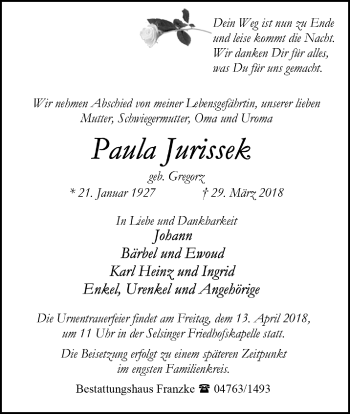Todesanzeige von Paula Jurissek von Trauer.de