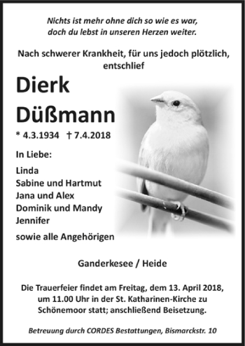 Todesanzeige von Dierk Düßmann von Trauer.de