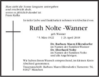 Todesanzeige von Ruth Nolte von trauer.de