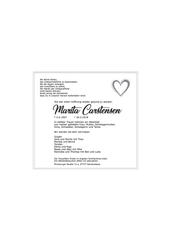 Todesanzeige von Marita Carstensen von Trauer.de
