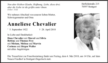 Todesanzeige von Anneliese Chevalier von trauer.de