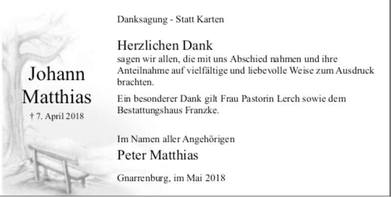  Traueranzeige für Johann Matthias vom 12.05.2018 aus trauer.de