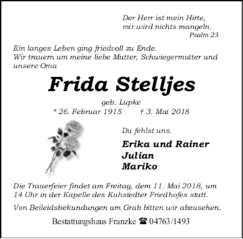 Todesanzeige von Frida Stelljes von trauer.de