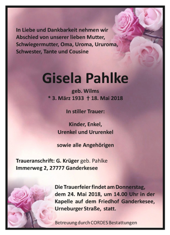 Todesanzeige von Gisela Pahlke von trauer.de