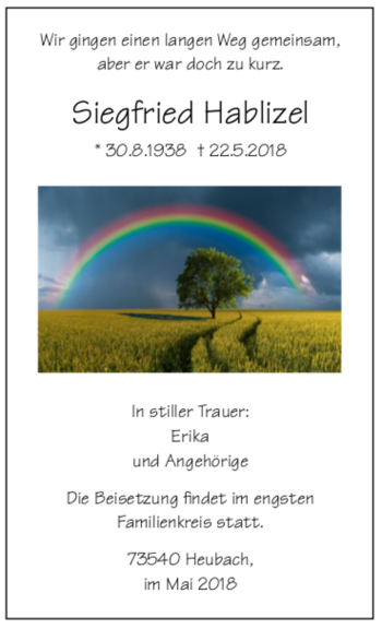 Todesanzeige von Siegfried Hablizel von trauer.de