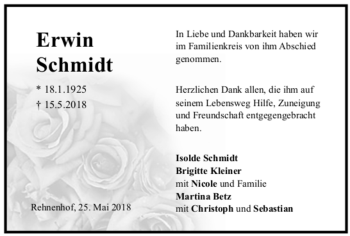 Todesanzeige von Erwin Schmidt von Trauer.de