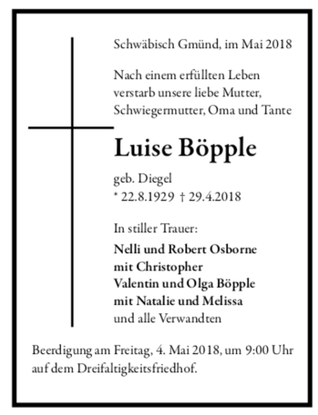 Todesanzeige von Luise Böpple von trauer.de